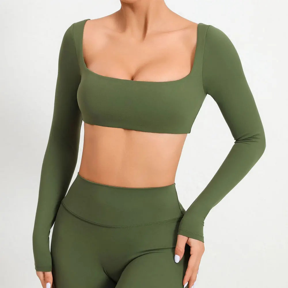 Casual Quick Dry Sportswear Women Square Neck Gym Top Women Fitness Sports Crop Top Female Long Sleeve Yoga Clothing Shirts
