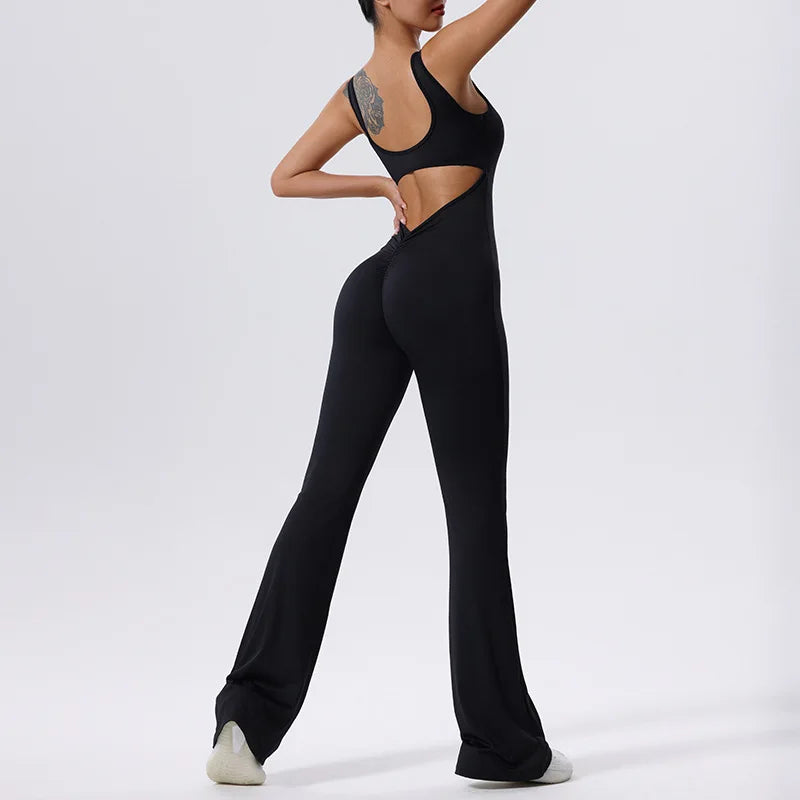 V Back Scrunch Gym Set Women Sport One-Piece Suit Yoga Suit Flared Pants