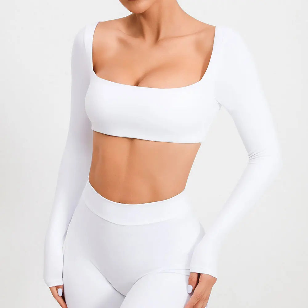 Casual Quick Dry Sportswear Women Square Neck Gym Top Women Fitness Sports Crop Top Female Long Sleeve Yoga Clothing Shirts