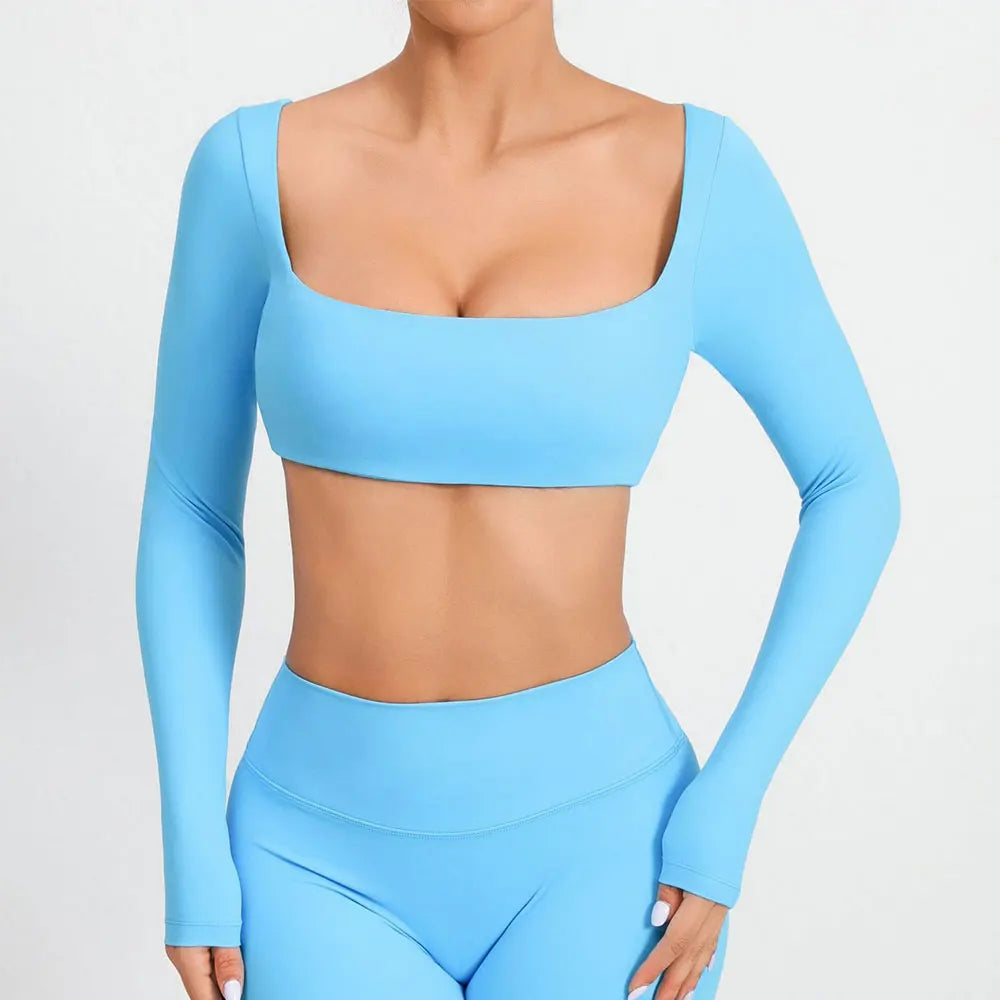 Casual Quick Dry Sportswear Women Square Neck Gym Top Women Fitness Sports Crop Top Female Long Sleeve Yoga Clothing Shirts