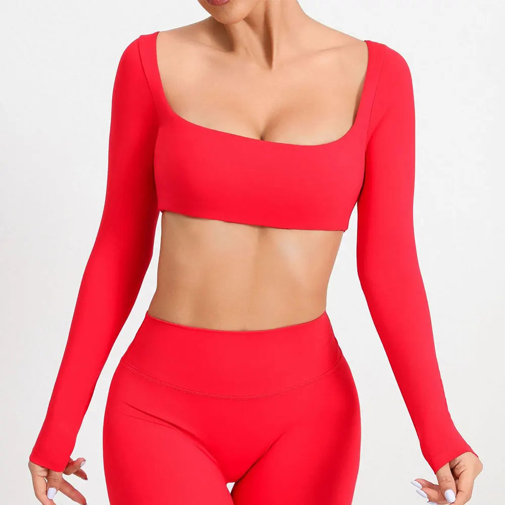 Casual Quick Dry Sportswear Women Square Neck Gym Top Women Fitness Sports Crop Top Female Long Sleeve Yoga Clothing Shirts