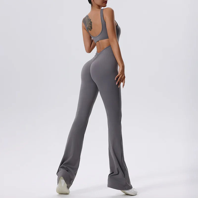 V Back Scrunch Gym Set Women Sport One-Piece Suit Yoga Suit Flared Pants
