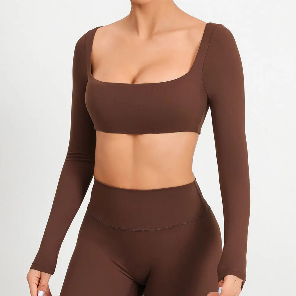 Casual Quick Dry Sportswear Women Square Neck Gym Top Women Fitness Sports Crop Top Female Long Sleeve Yoga Clothing Shirts