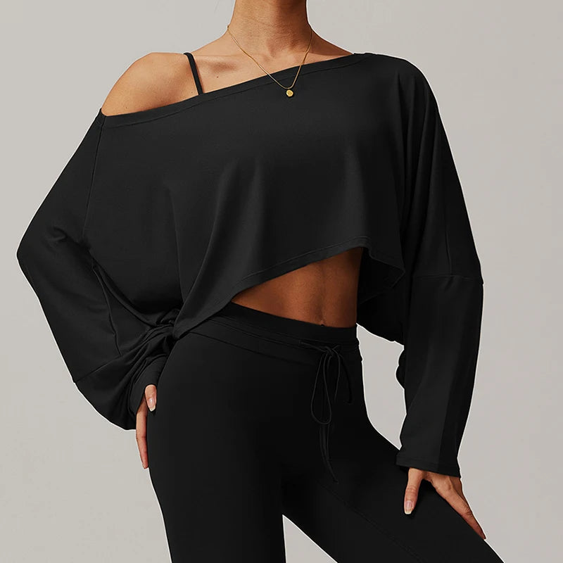 Women’s Yoga Top with Exposed Shoulders, Batwing Sleeves, Cropped