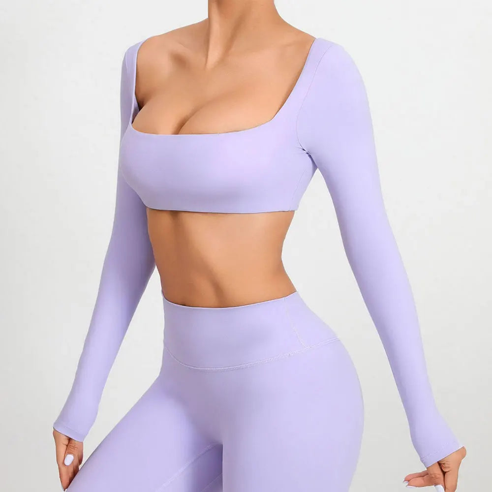 Casual Quick Dry Sportswear Women Square Neck Gym Top Women Fitness Sports Crop Top Female Long Sleeve Yoga Clothing Shirts