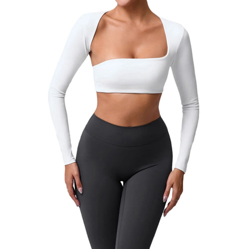 Women's sports crop top with square neckline, asymmetric long sleeve, and quick-drying fabric.