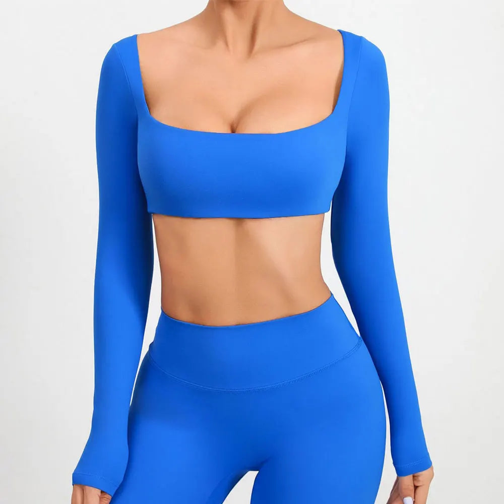 Casual Quick Dry Sportswear Women Square Neck Gym Top Women Fitness Sports Crop Top Female Long Sleeve Yoga Clothing Shirts