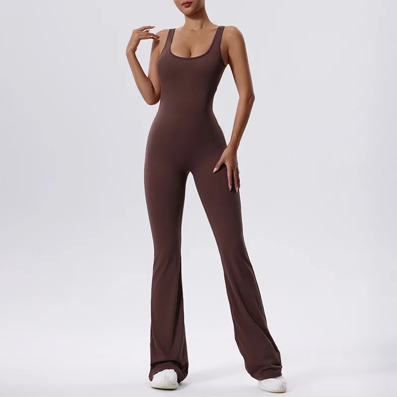 V Back Scrunch Gym Set Women Sport One-Piece Suit Yoga Suit Flared Pants