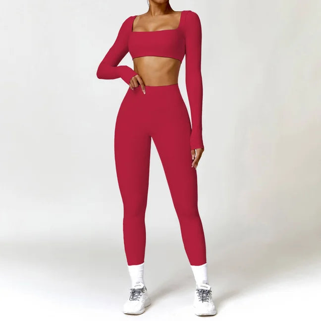 2PCS Long Sleeve Gym Set Women Yoga Clothes Quick-Drying Sportswear Running Leggings Workout Sports Crop Top Women