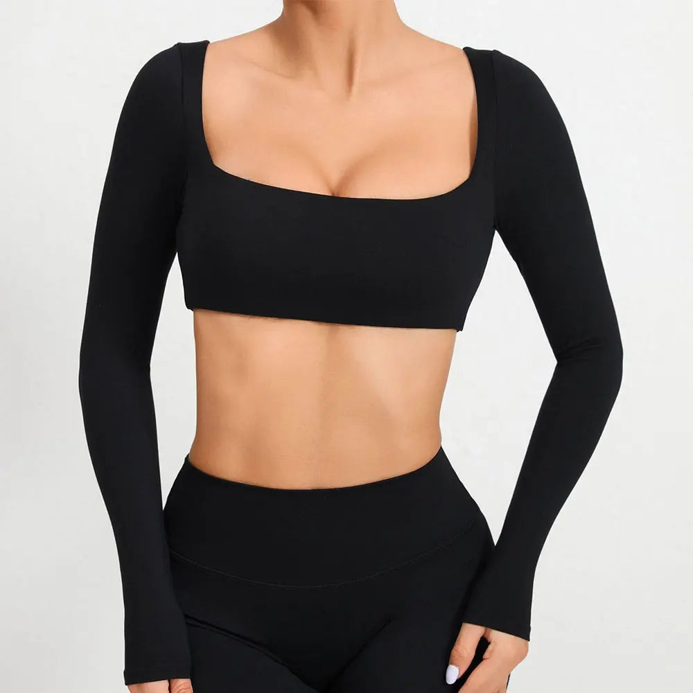 Casual Quick Dry Sportswear Women Square Neck Gym Top Women Fitness Sports Crop Top Female Long Sleeve Yoga Clothing Shirts