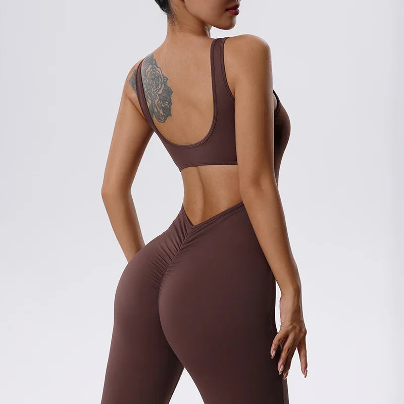 V Back Scrunch Gym Set Women Sport One-Piece Suit Yoga Suit Flared Pants