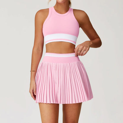 Hearuisavy Casual Sports Tennis Dress Set 2PCS Training Skirt Set Clash of Colors Gym Workout Vest Quick-drying Yoga Clothes