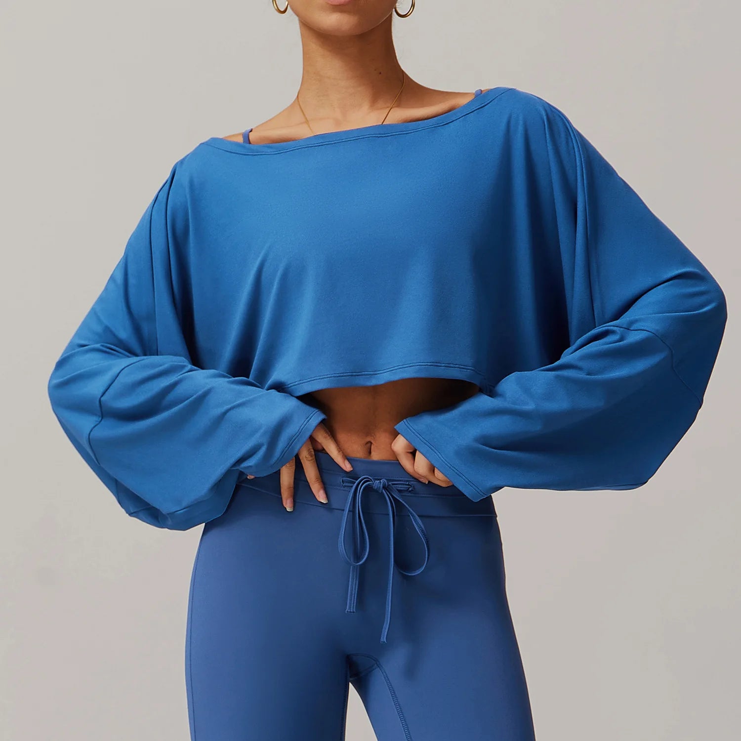 hearuisavy Women Off-Shoulder Yoga Top Batwing Sleeve Cropped Long Shirt Fitness Casual Wear Breathable Loose Fit Sports Shirts