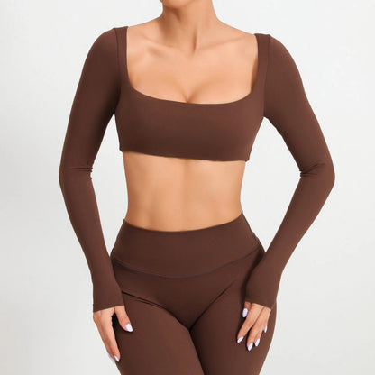 Casual Quick Dry Sportswear Women Square Neck Gym Top Women Fitness Sports Crop Top Female Long Sleeve Yoga Clothing Shirts