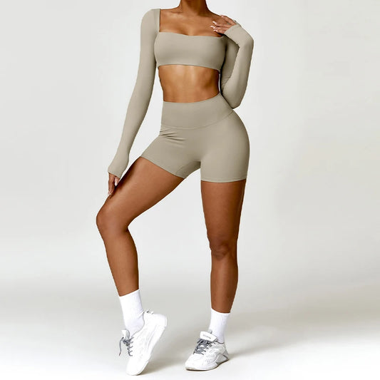 2PCS Long Sleeve Gym Set Women Yoga Clothes Quick-Drying Sportswear Running Leggings Workout Sports Crop Top Women
