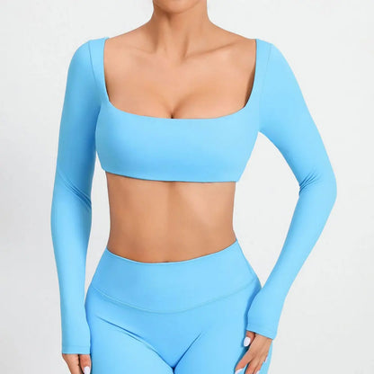 Casual Quick Dry Sportswear Women Square Neck Gym Top Women Fitness Sports Crop Top Female Long Sleeve Yoga Clothing Shirts