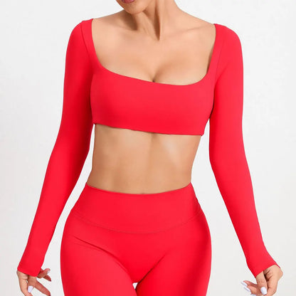 Casual Quick Dry Sportswear Women Square Neck Gym Top Women Fitness Sports Crop Top Female Long Sleeve Yoga Clothing Shirts