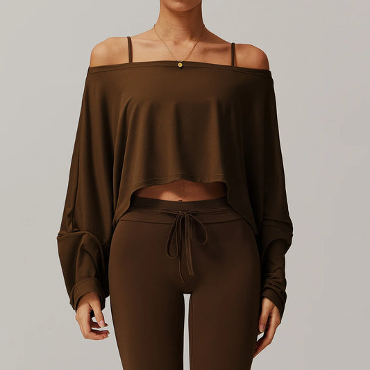Women’s Yoga Top with Exposed Shoulders, Batwing Sleeves, Cropped