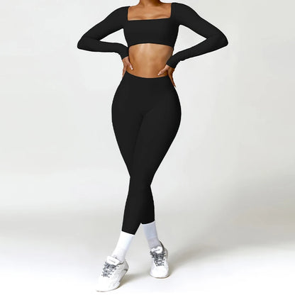 2PCS Long Sleeve Gym Set Women Yoga Clothes Quick-Drying Sportswear Running Leggings Workout Sports Crop Top Women
