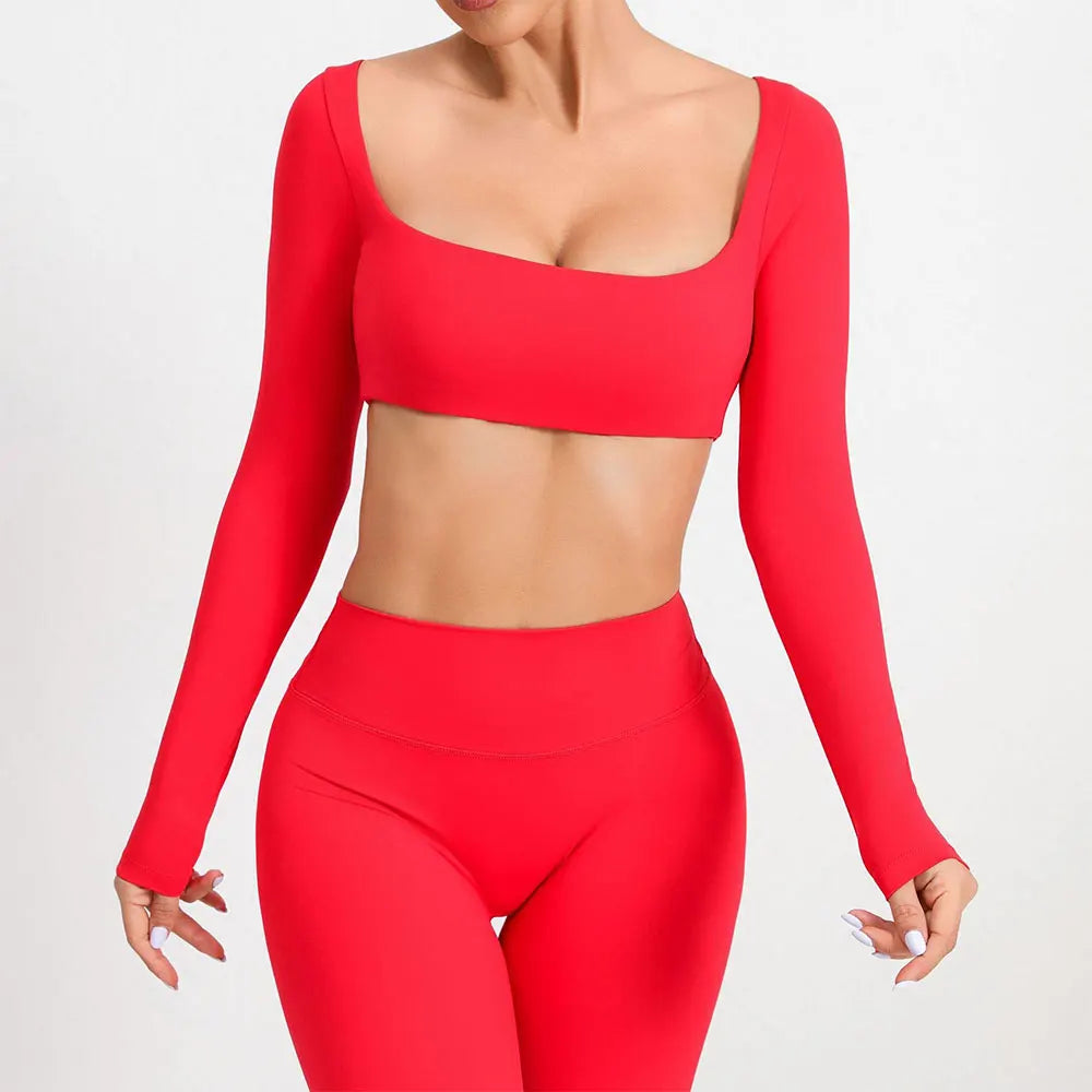 Casual Quick Dry Sportswear Women Square Neck Gym Top Women Fitness Sports Crop Top Female Long Sleeve Yoga Clothing Shirts