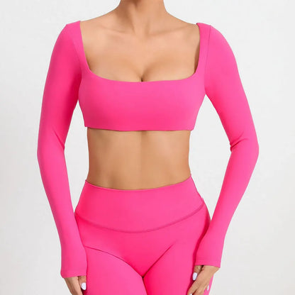 Casual Quick Dry Sportswear Women Square Neck Gym Top Women Fitness Sports Crop Top Female Long Sleeve Yoga Clothing Shirts