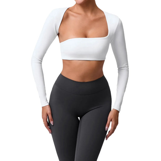 Women's sports crop top with square neckline, asymmetric long sleeve, and quick-drying fabric.
