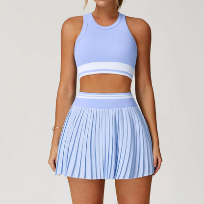 Casual Sports Tennis Dress Set 2PCS Training Skirt Set Clash of Colors Gym Workout Vest Quick-drying Yoga Clothes