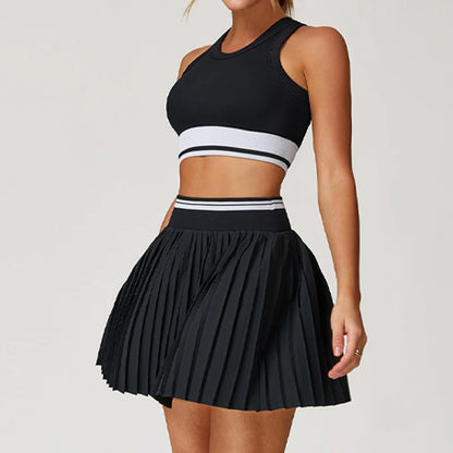 Casual Sports Tennis Dress Set 2PCS Training Skirt Set Clash of Colors Gym Workout Vest Quick-drying Yoga Clothes