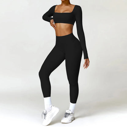 2PCS Long Sleeve Gym Set Women Yoga Clothes Quick-Drying Sportswear Running Leggings Workout Sports Crop Top Women