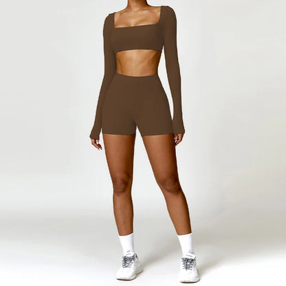 2PCS Long Sleeve Gym Set Women Yoga Clothes Quick-Drying Sportswear Running Leggings Workout Sports Crop Top Women