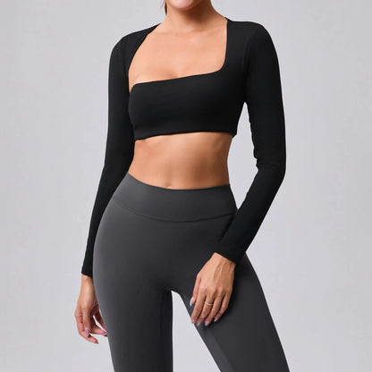 Women's sports crop top with square neckline, asymmetric long sleeve, and quick-drying fabric.