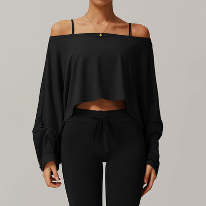hearuisavy Women Off-Shoulder Yoga Top Batwing Sleeve Cropped Long Shirt Fitness Casual Wear Breathable Loose Fit Sports Shirts