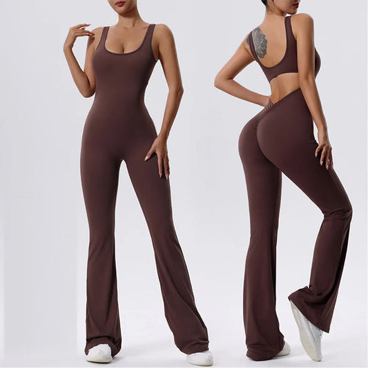 V Back Scrunch Gym Set Women Sport One-Piece Suit Yoga Suit Flared Pants