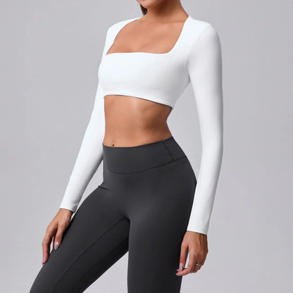 Women's sports crop top with square neckline, asymmetric long sleeve, and quick-drying fabric.
